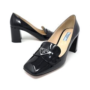 Prada Black Logo Patent Leather Chunky Heels Loafer Square Toe Pumps IT 37 US 7